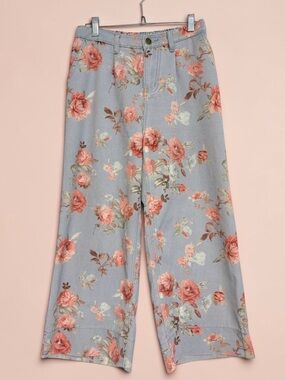 Floral Wide Leg Pants Cottagecore Elastic Waist Blue Rose Print Size M